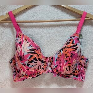 NWT No Boundaries 34DD Pink Orange Black Leaf T-Shirt Pattern Bra Lace Trim